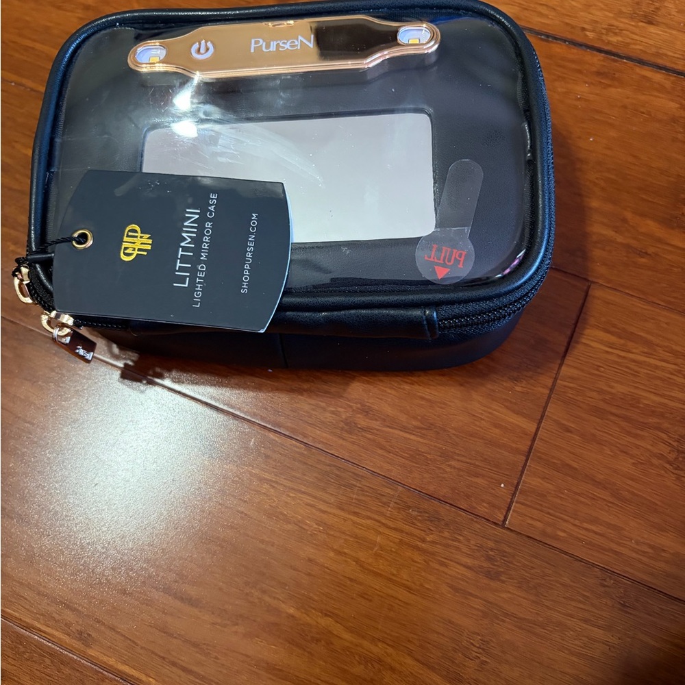 PurseN Black Clear Top Lighted Mirror Cosmetic Case with Gold Accents